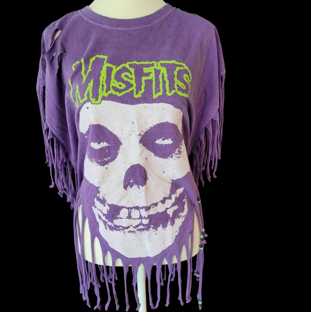 Misfits shredded purple & green fringe tshirt